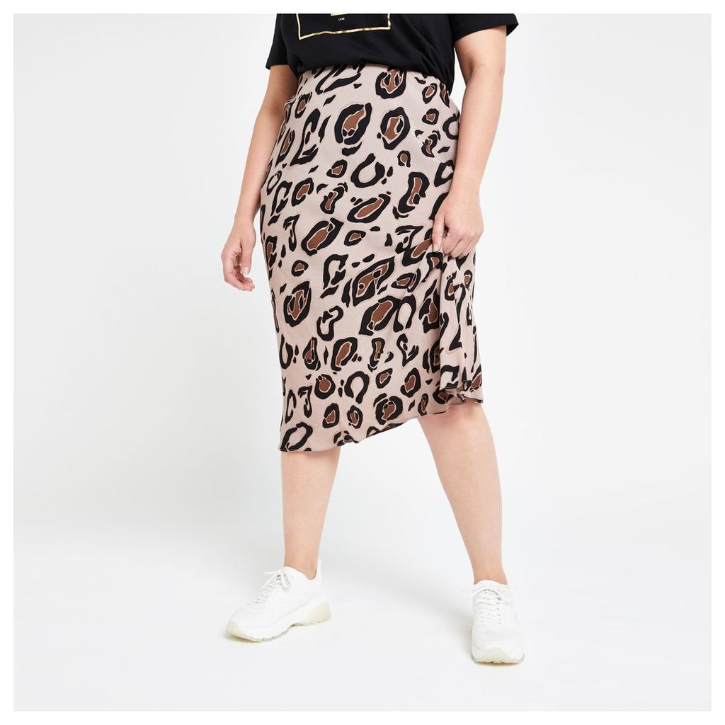 River Island Womens Plus Brown leopard print bias cut midi skirt