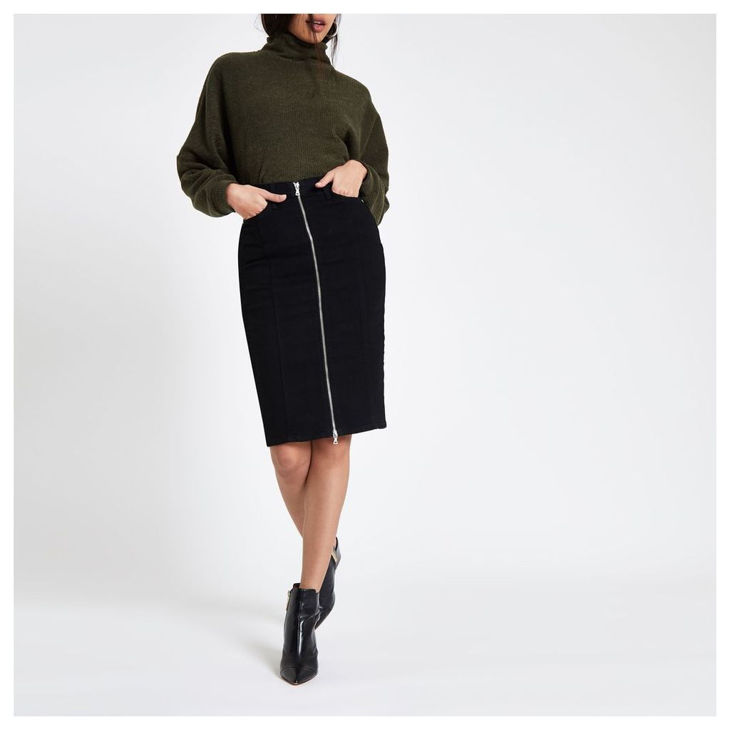 River Island Womens Black zip through denim pencil skirt