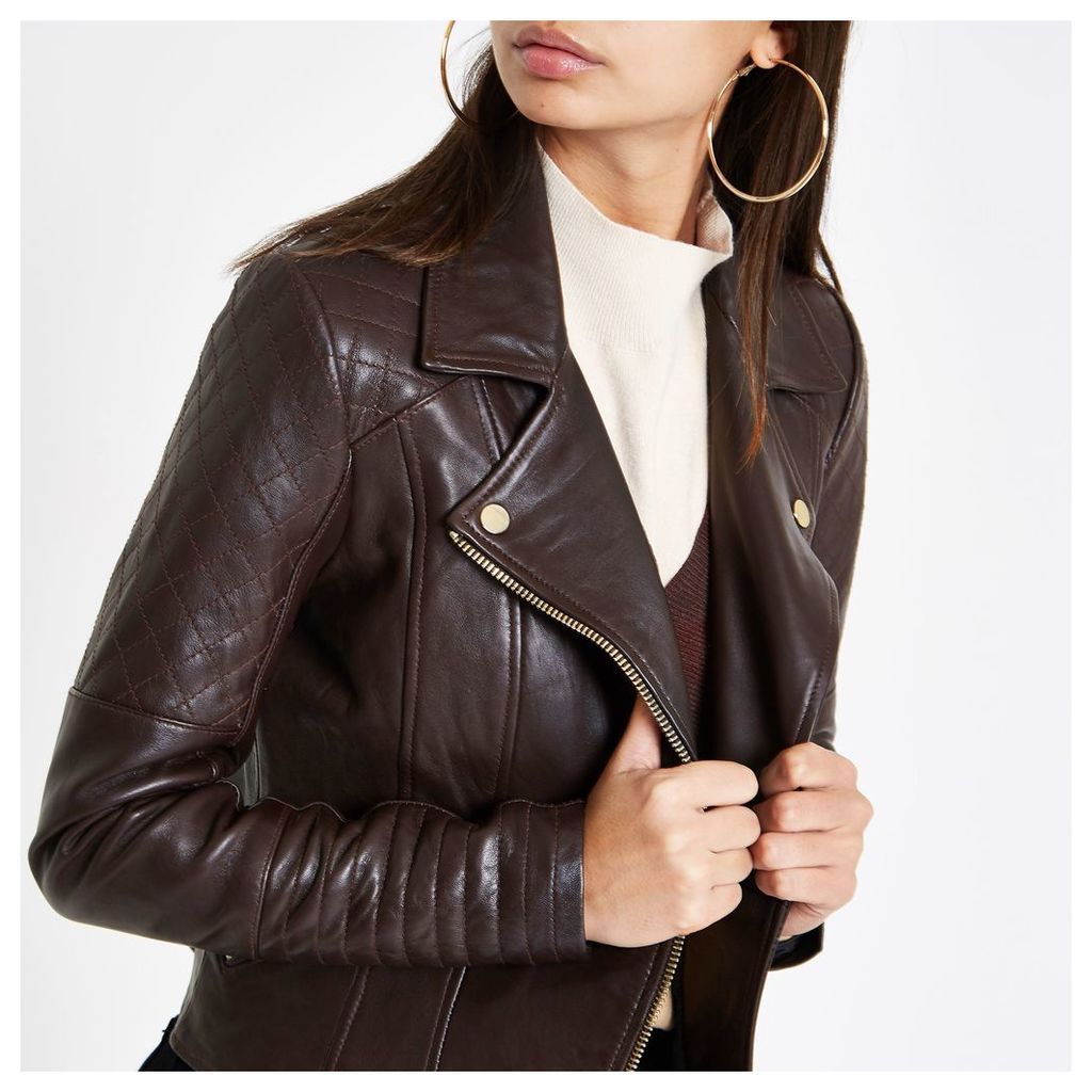 Womens Brown leather quilted biker jacket