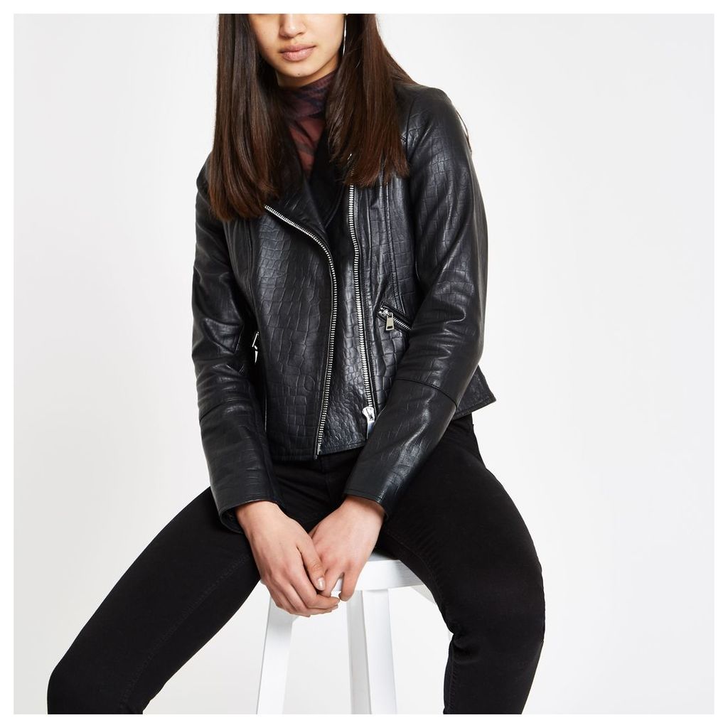 Womens Black leather croc biker jacket