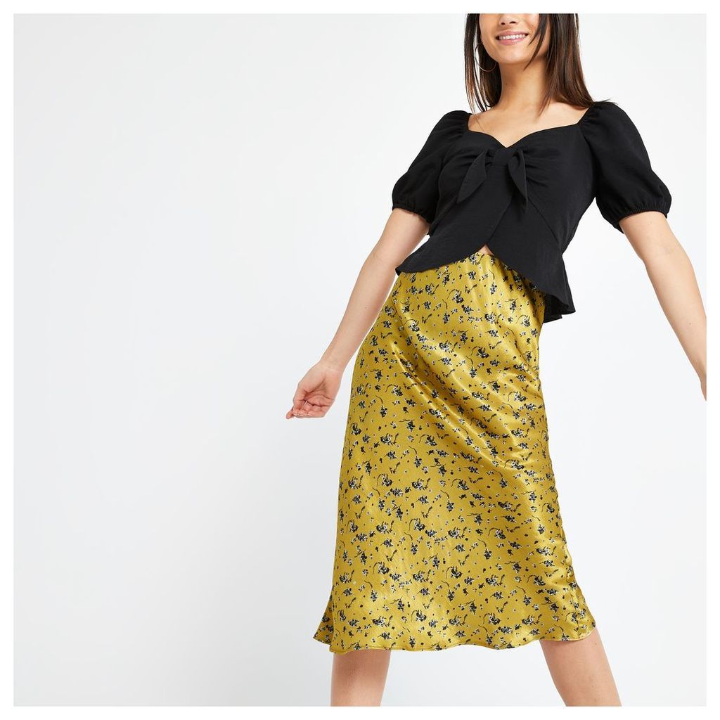Womens Petite Yellow floral bias cut midi skirt