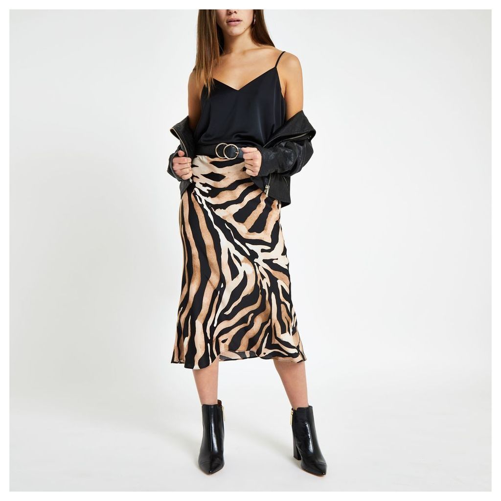 Womens Petite Beige zebra print midi skirt