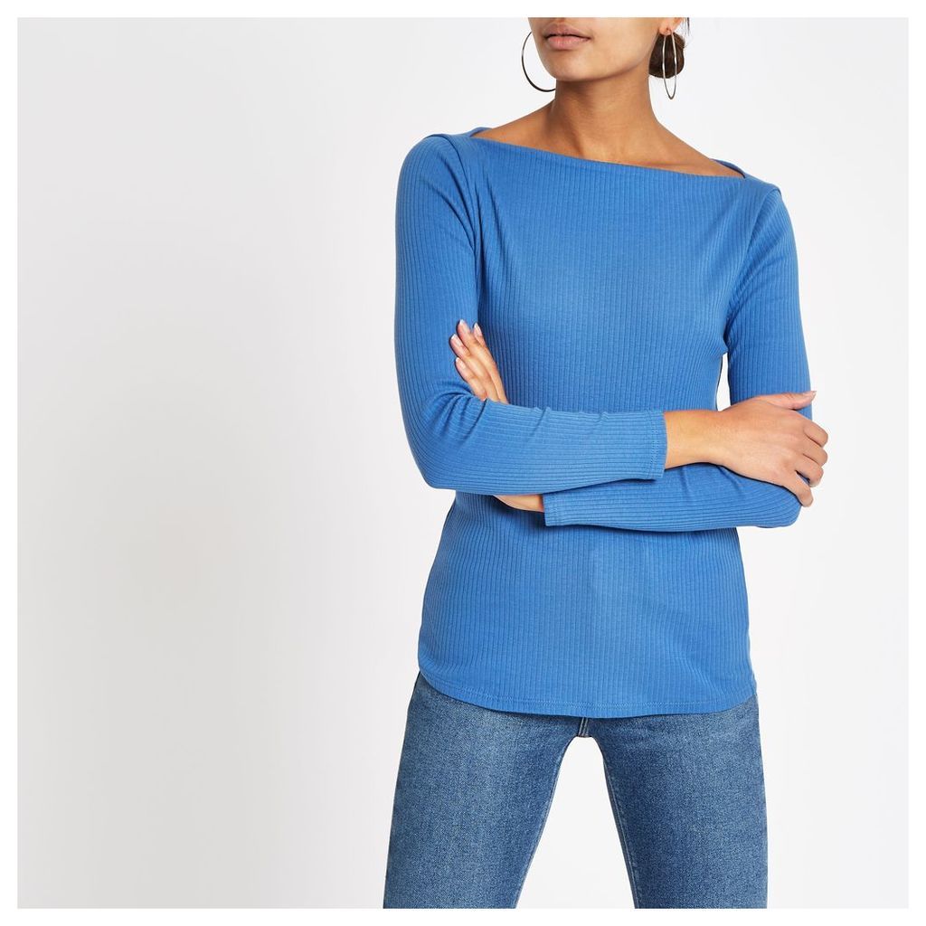 Womens Blue ribbed boat neck long sleeve top
