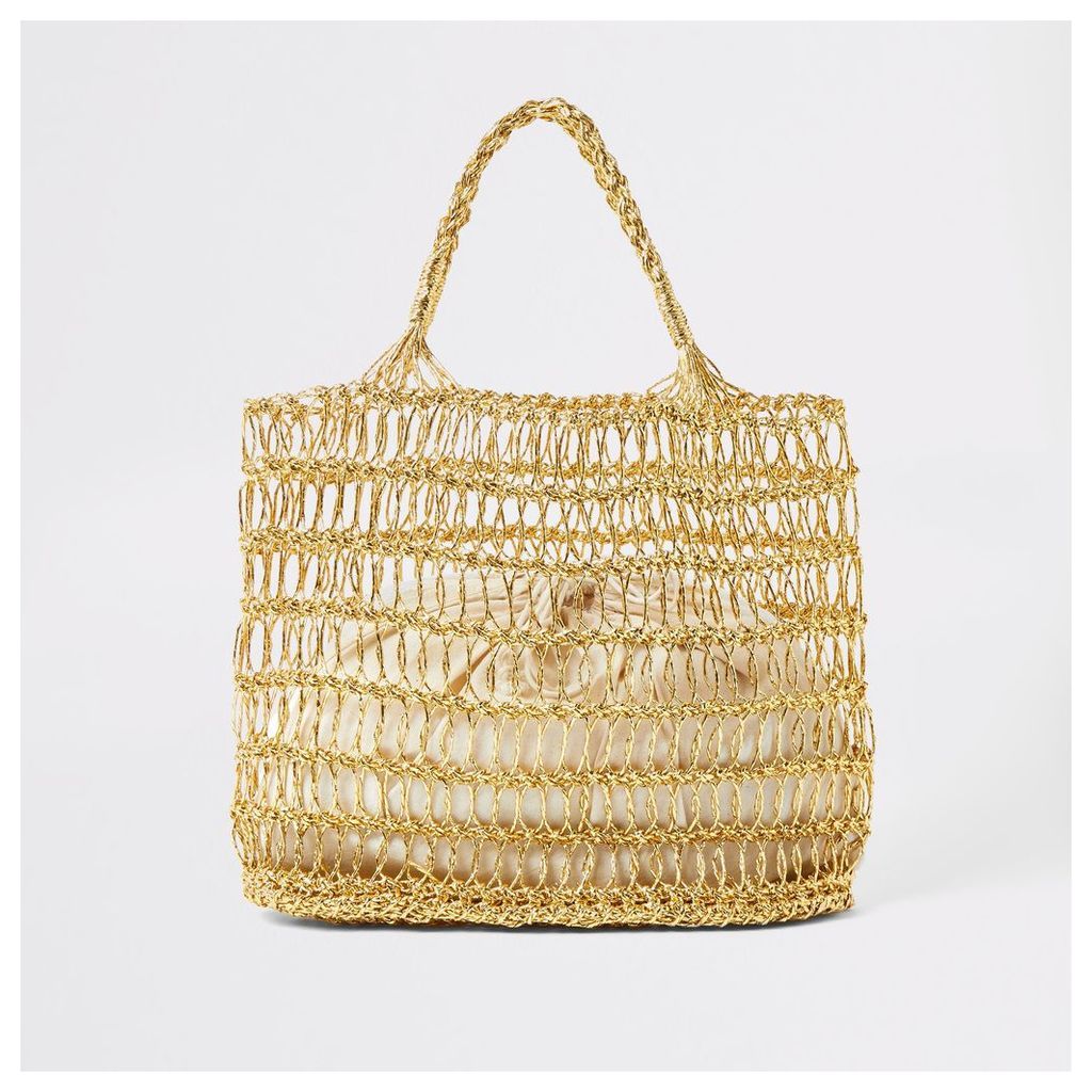 Womens Gold metallic woven straw tote bag