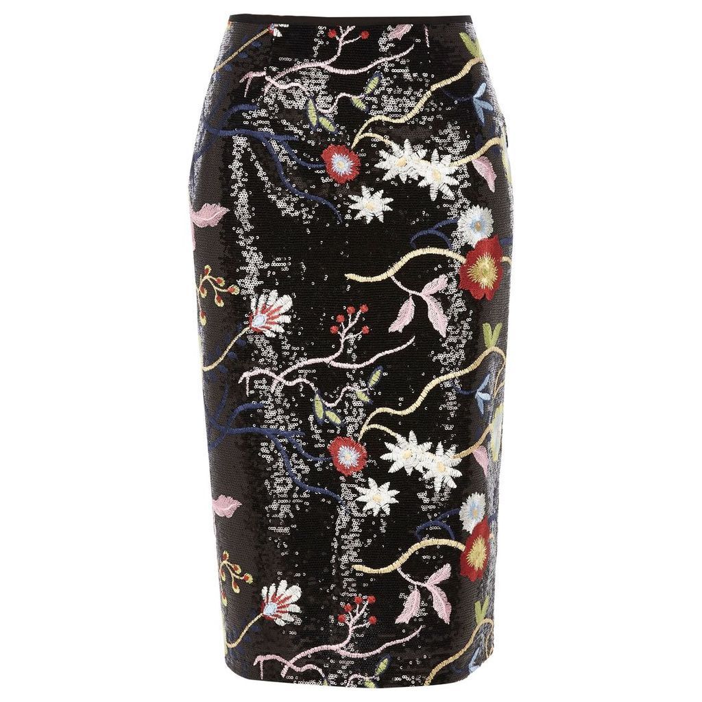 Womens Black sequin floral embroidered pencil skirt