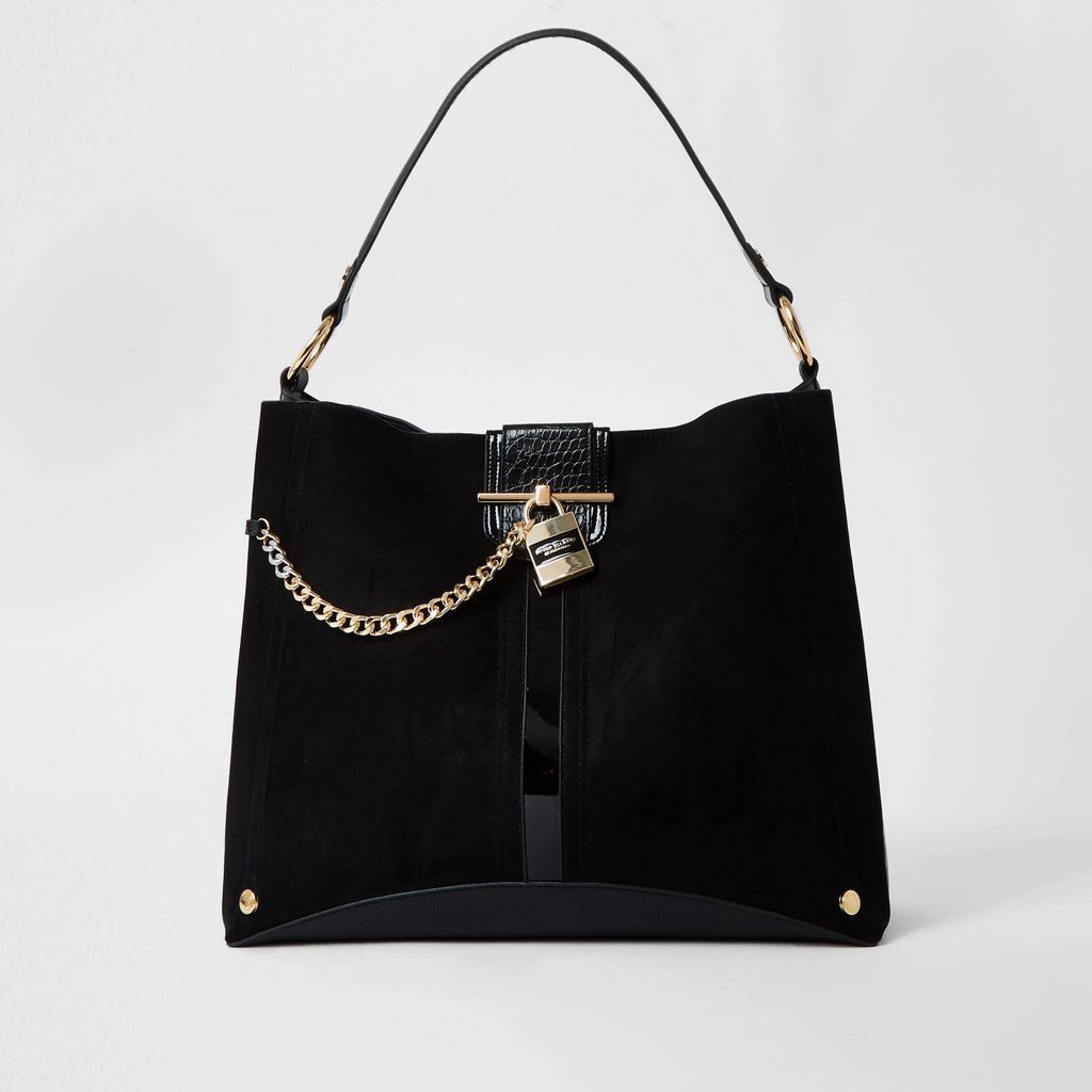 Womens Black gold chain padlock slouch bag