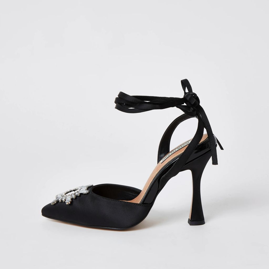 Womens Black embellished tie ankle court shoes