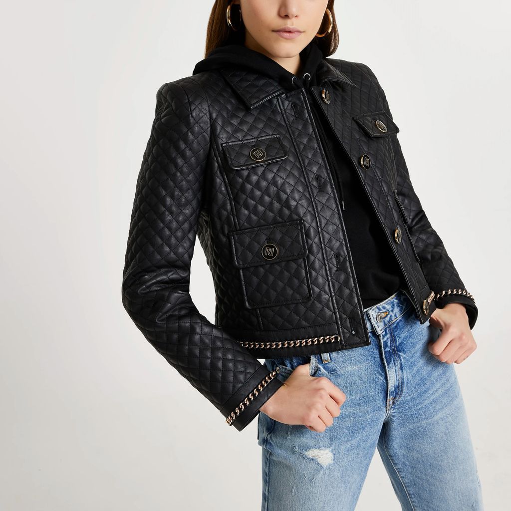 Womens Black faux leather quilted jacket
