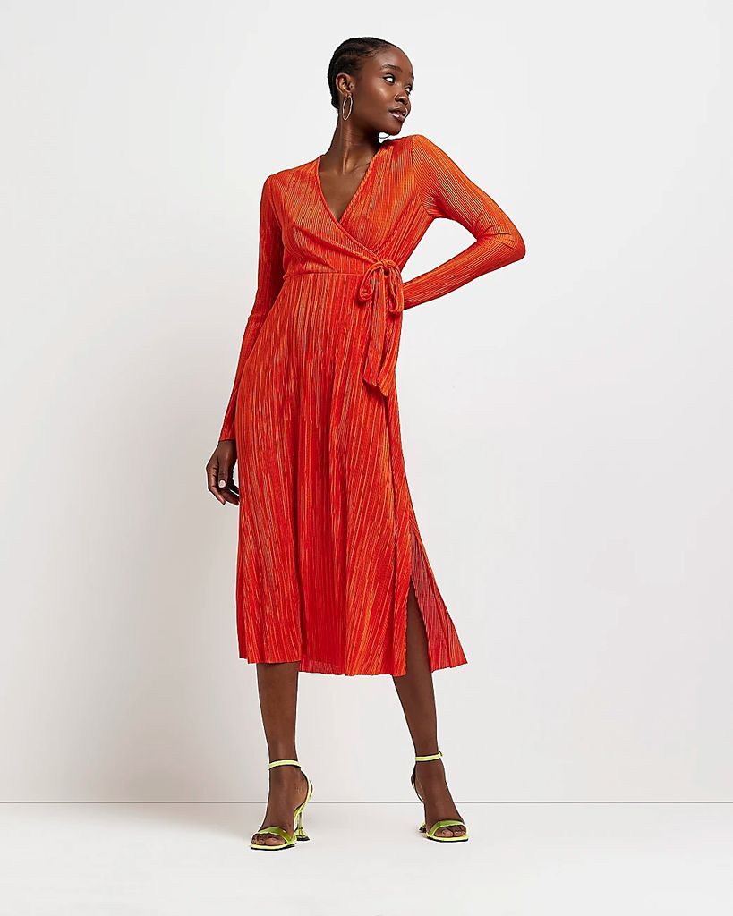 Womens Orange plisse wrap midi dress