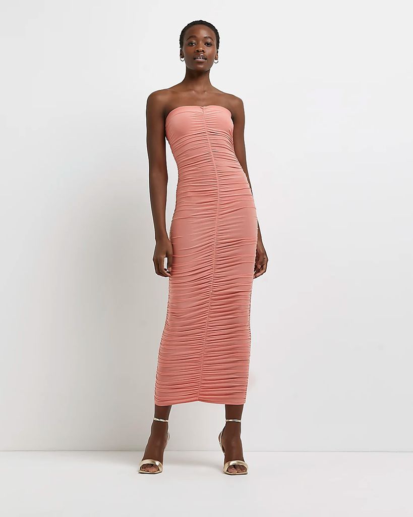 Womens Pink ruched bandeau bodycon midi dress