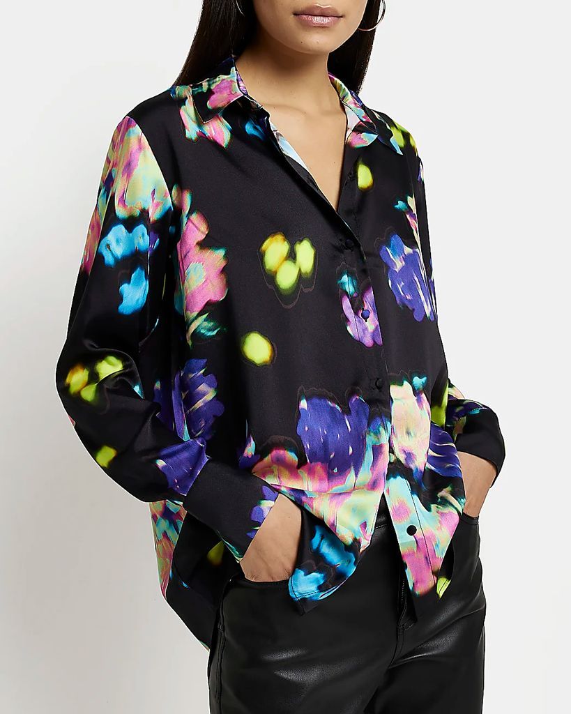 Womens Black floral satin oversized shirt