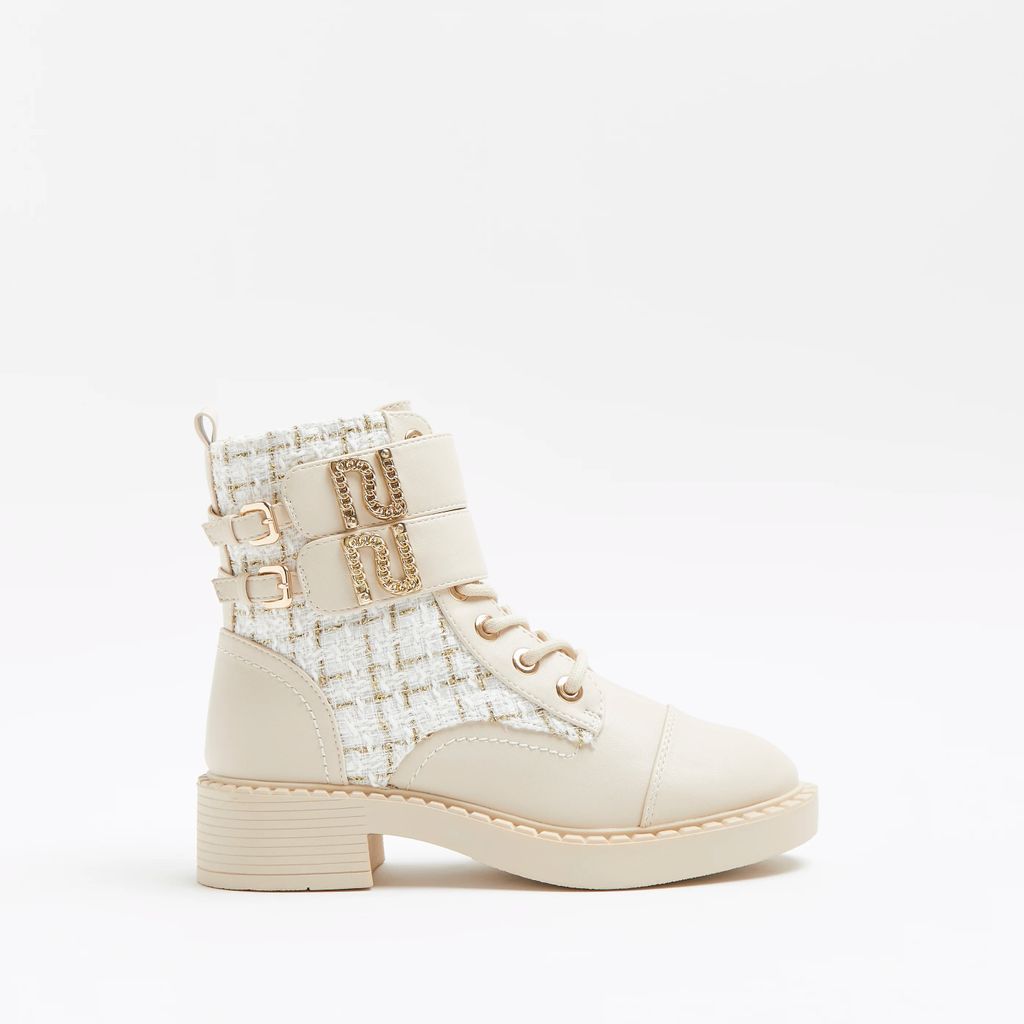 Womens Cream boucle double strap boots