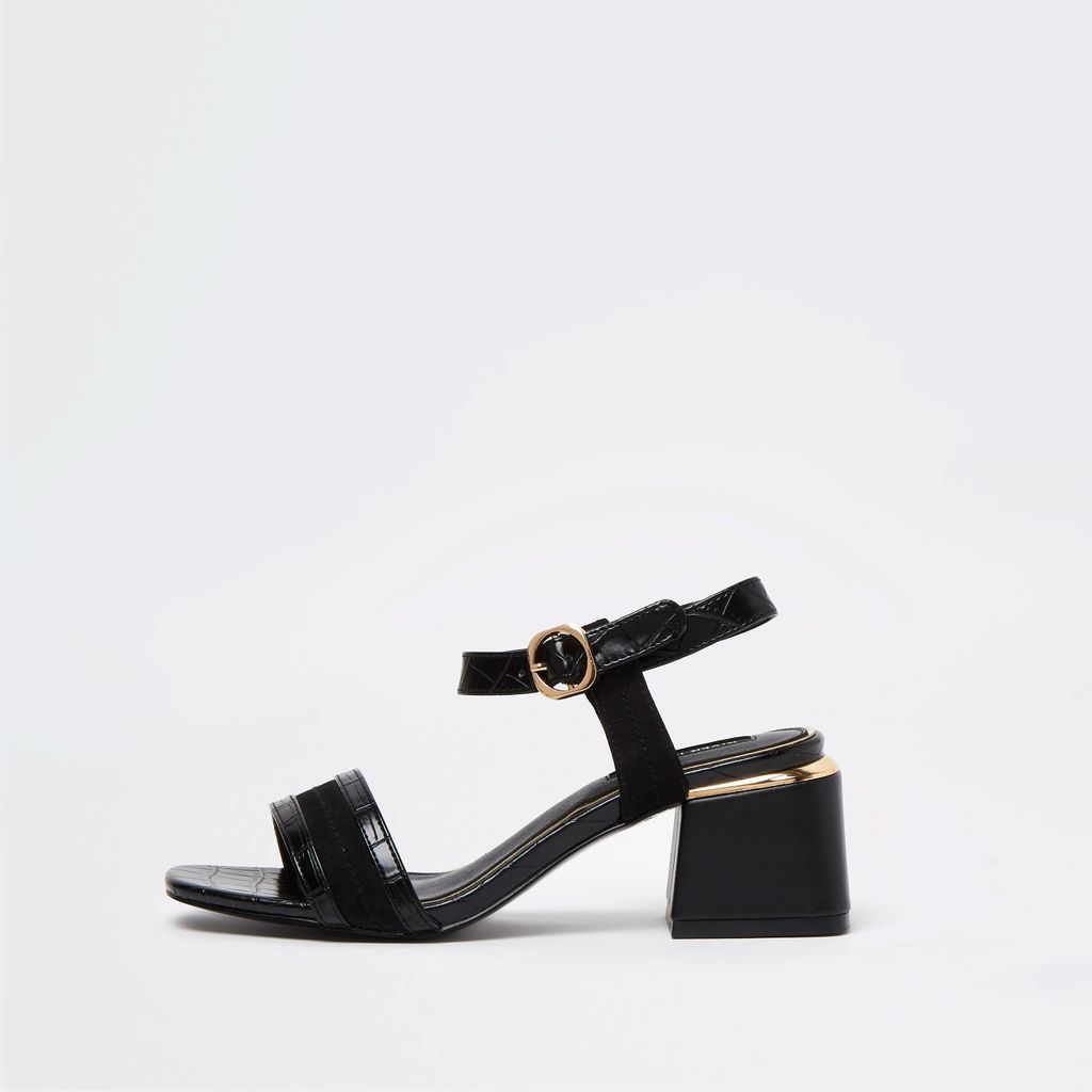 Womens Black embossed block heel sandals