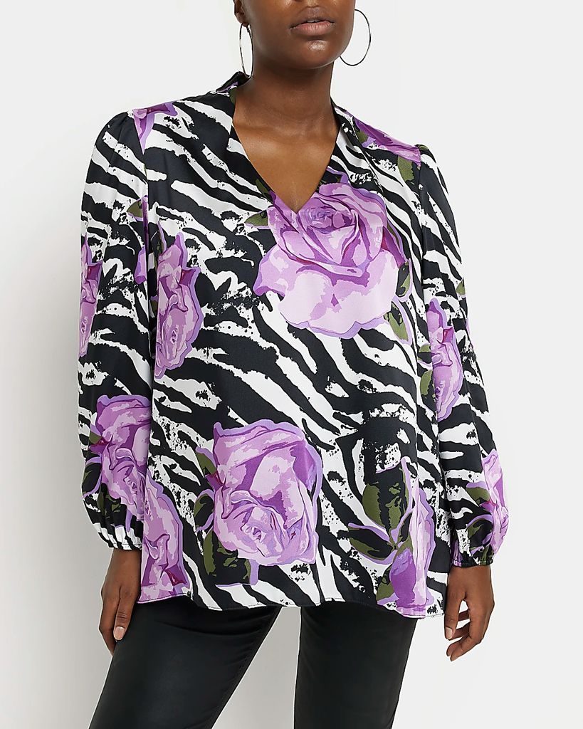 River Island Womens Plus Purple Satin Animal Print Floral Blouse