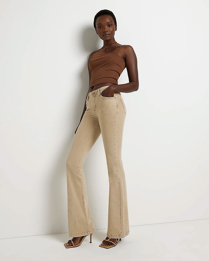 River Island Womens Beige Mid Rise Flare Jeans