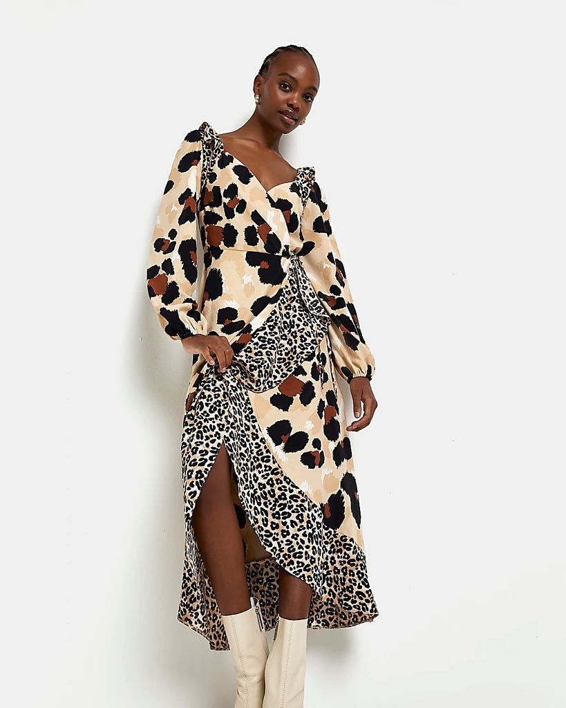 Womens Brown Animal Print Wrap Midi Dress
