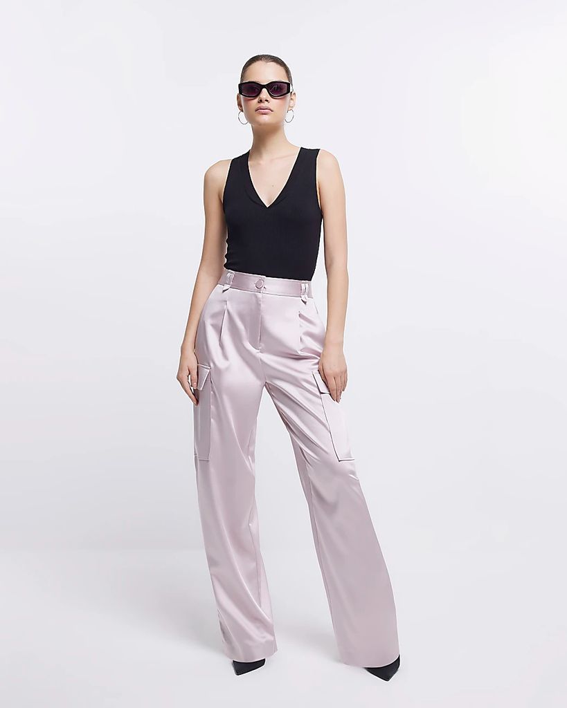 Womens Pink Satin Wide Leg Cargo Trousers