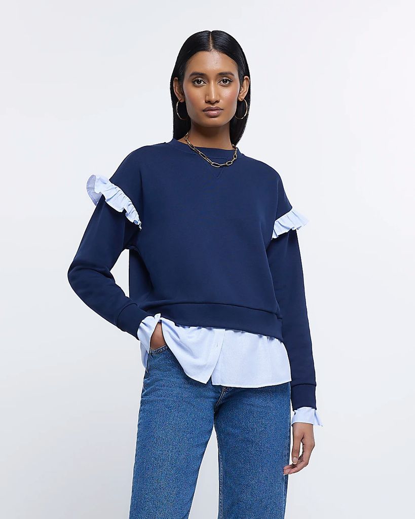 Womens Navy Frill Shirt Sweatshirt