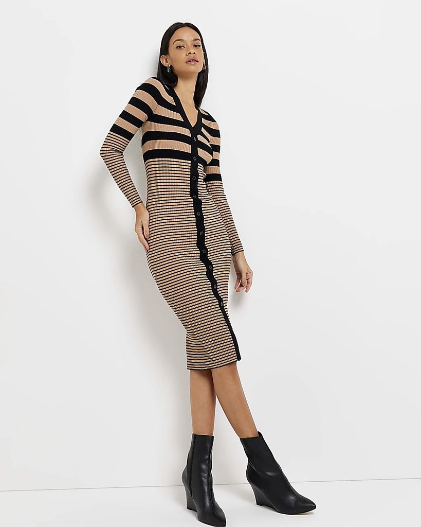 Womens Brown Stripe Knit Long Sleeve Midi Dress