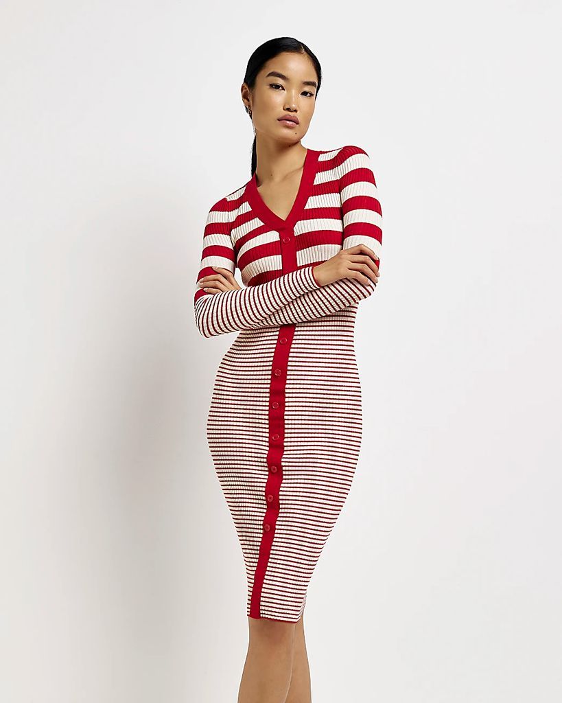Womens Red Stripe Knit Long Sleeve Midi Dress