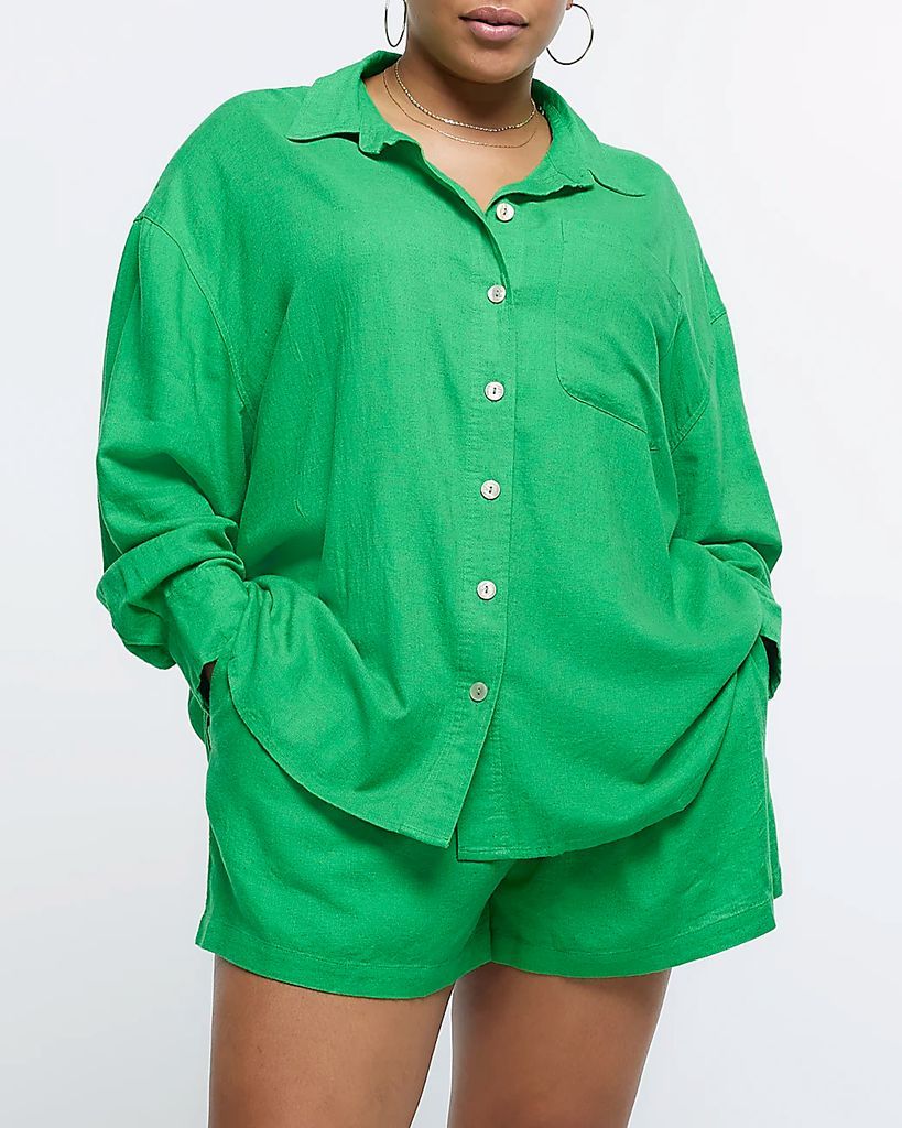 Womens Plus Green Linen Blend Oversized Shirt