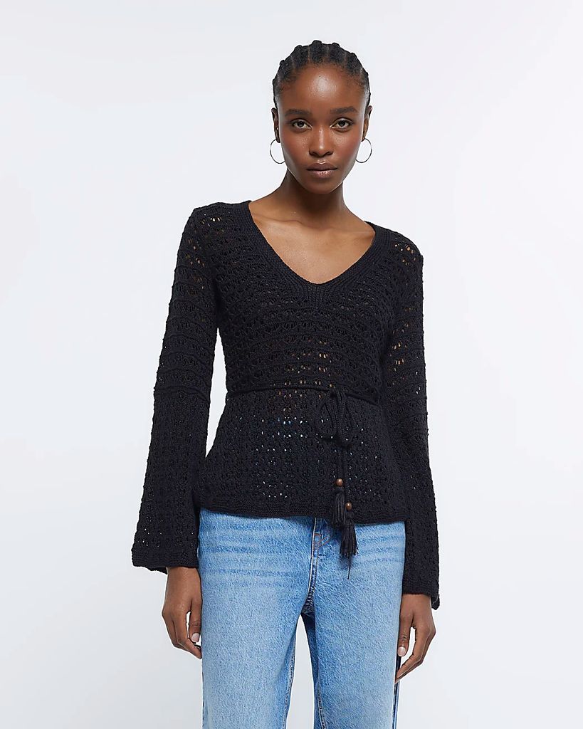Womens Black Crochet Long Sleeve Top