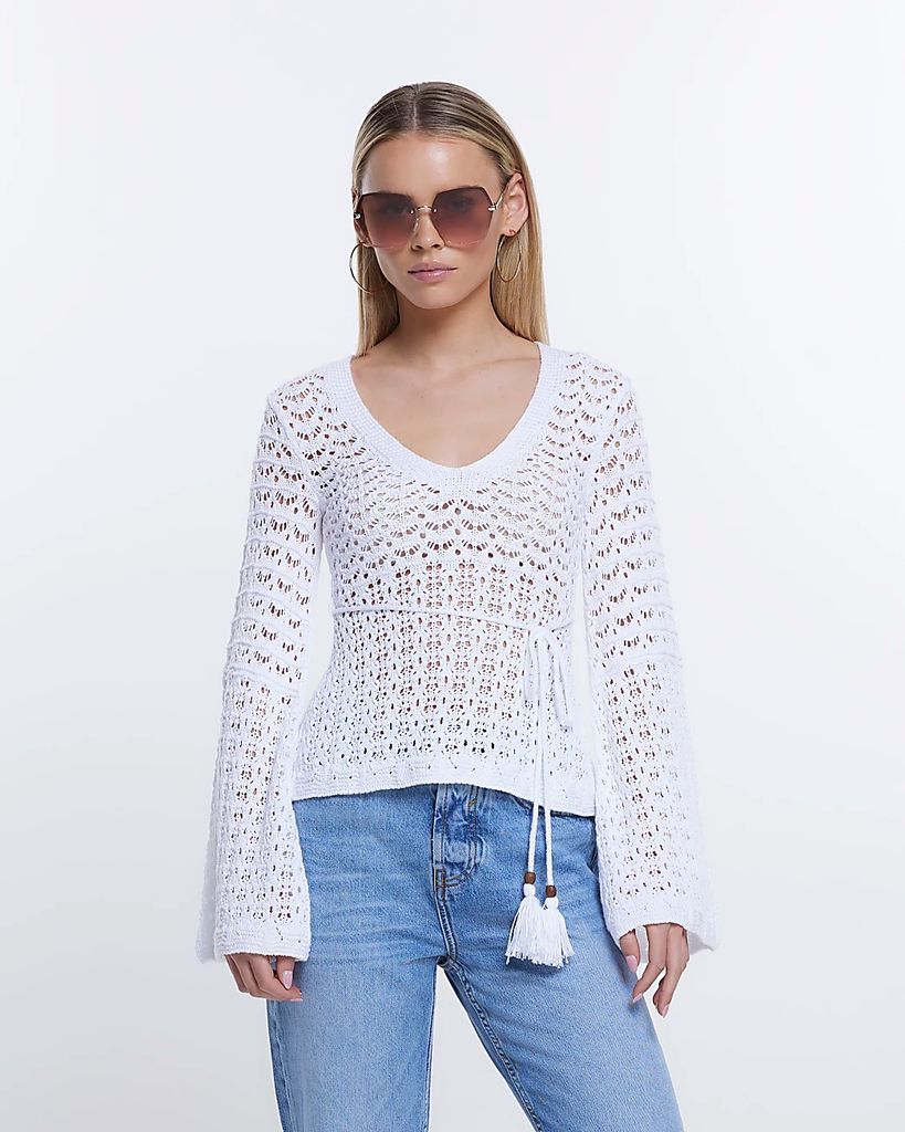 Womens Petite White Crochet Long Sleeve Top