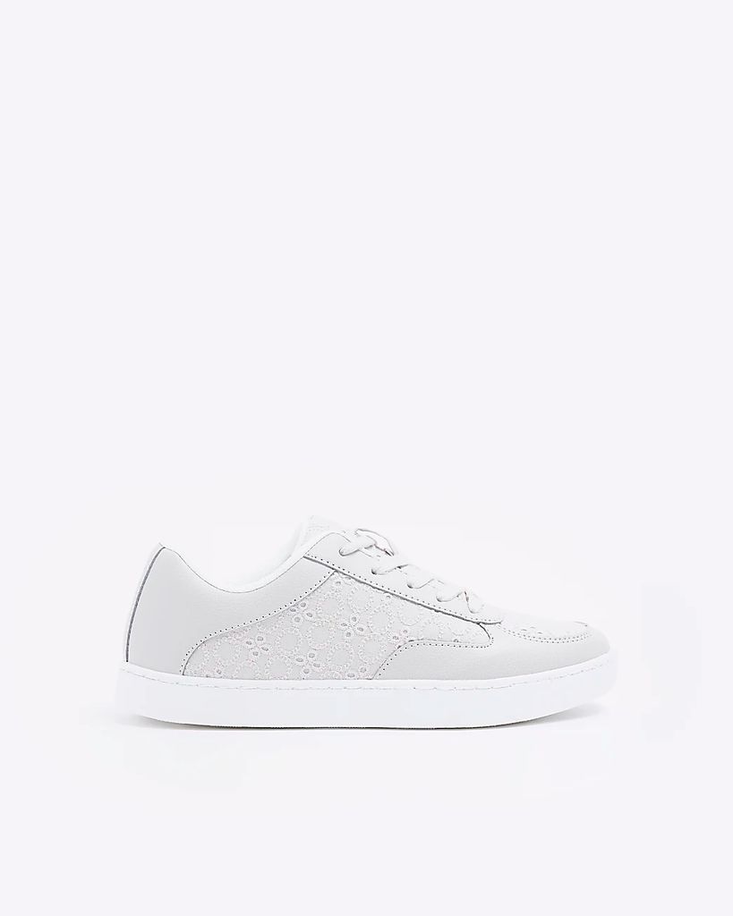Womens Grey Broderie Lace Up Trainers