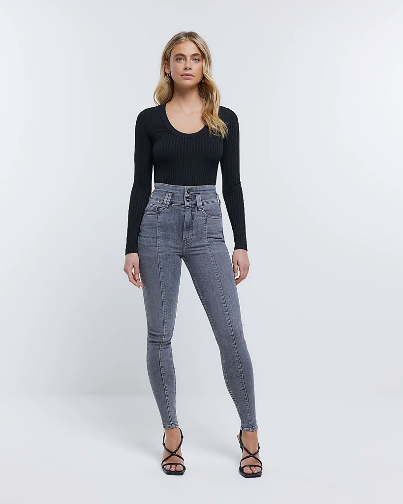 Womens Grey High Waisted Skinny Jeans