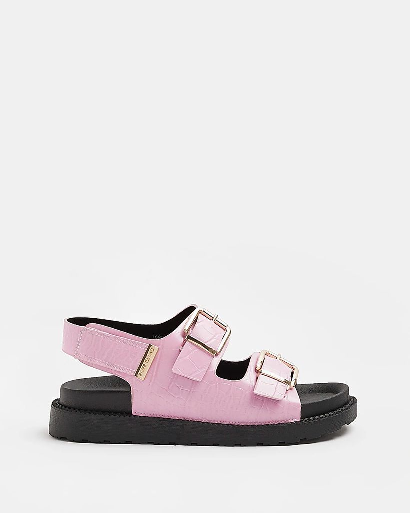 Womens Pink Flat Form Buckle Sandals