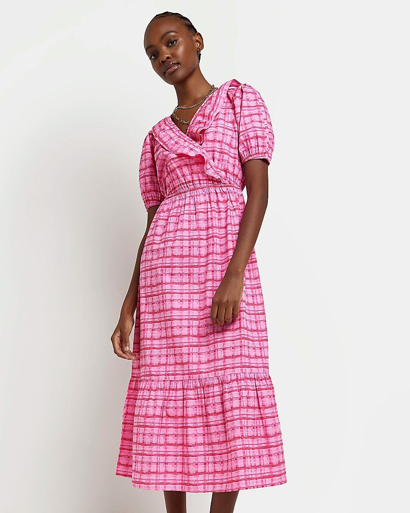 Womens Pink Puff Sleeve Wrap Midi Dress