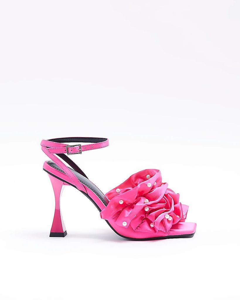 Womens Pink Ruffle Pearl Heeled Sandal