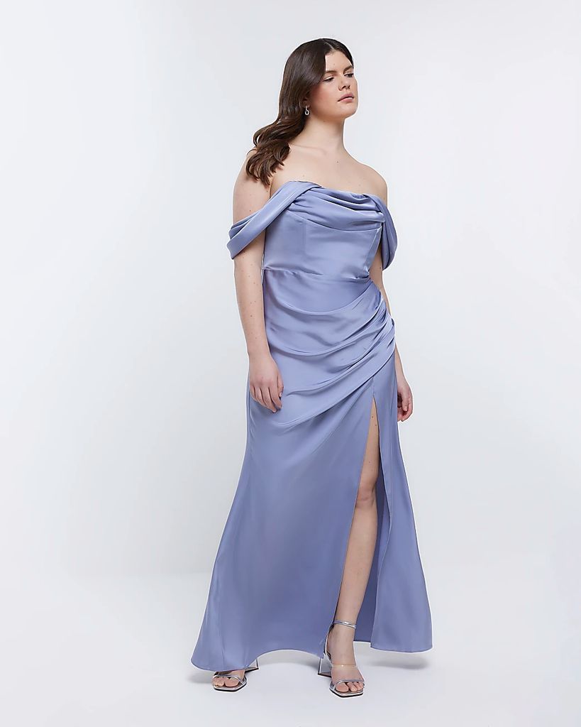 Womens Blue Bridesmaid Bardot Maxi Dress