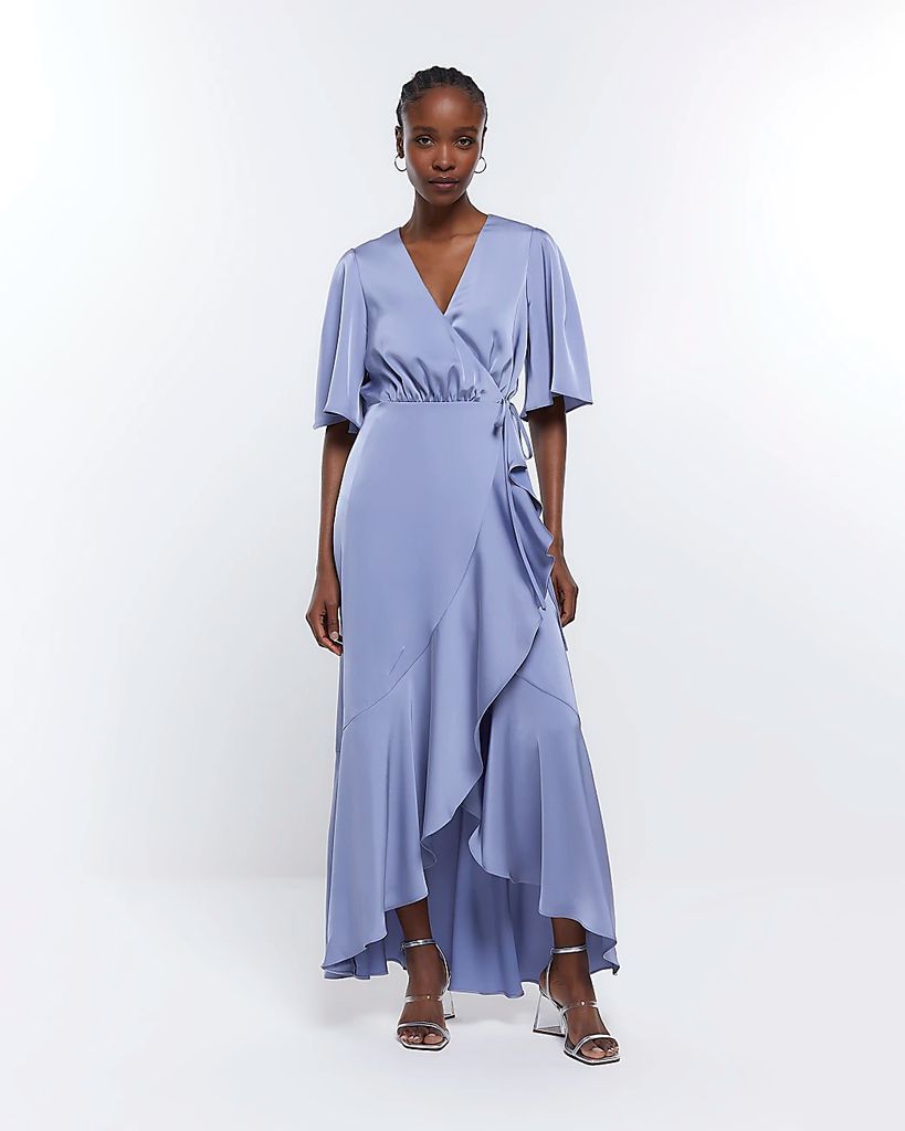 Womens Blue Bridesmaid Waterfall Wrap Maxi Dress