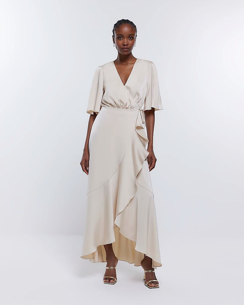 Womens Cream Bridesmaid Waterfall Wrap Maxi Dress