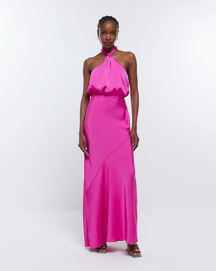 Womens Pink Bridesmaid Halter Maxi Dress