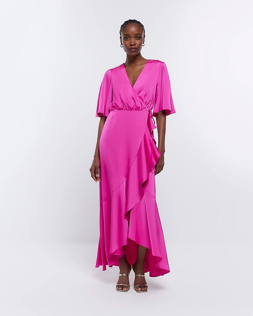 Womens Pink Bridesmaid Waterfall Wrap Maxi Dress