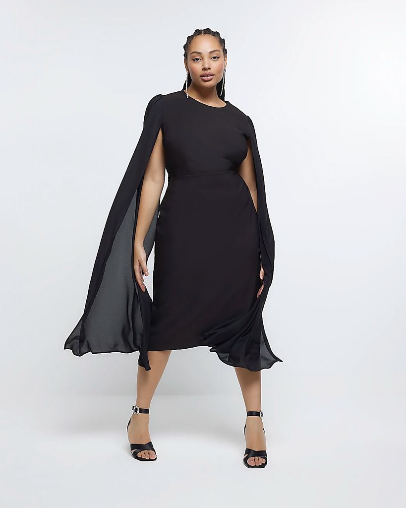 Womens Plus Black Chiffon Sleeve Bodycon Midi Dress