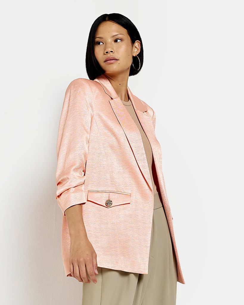 Womens Pink Ruched Sleeves Blazer