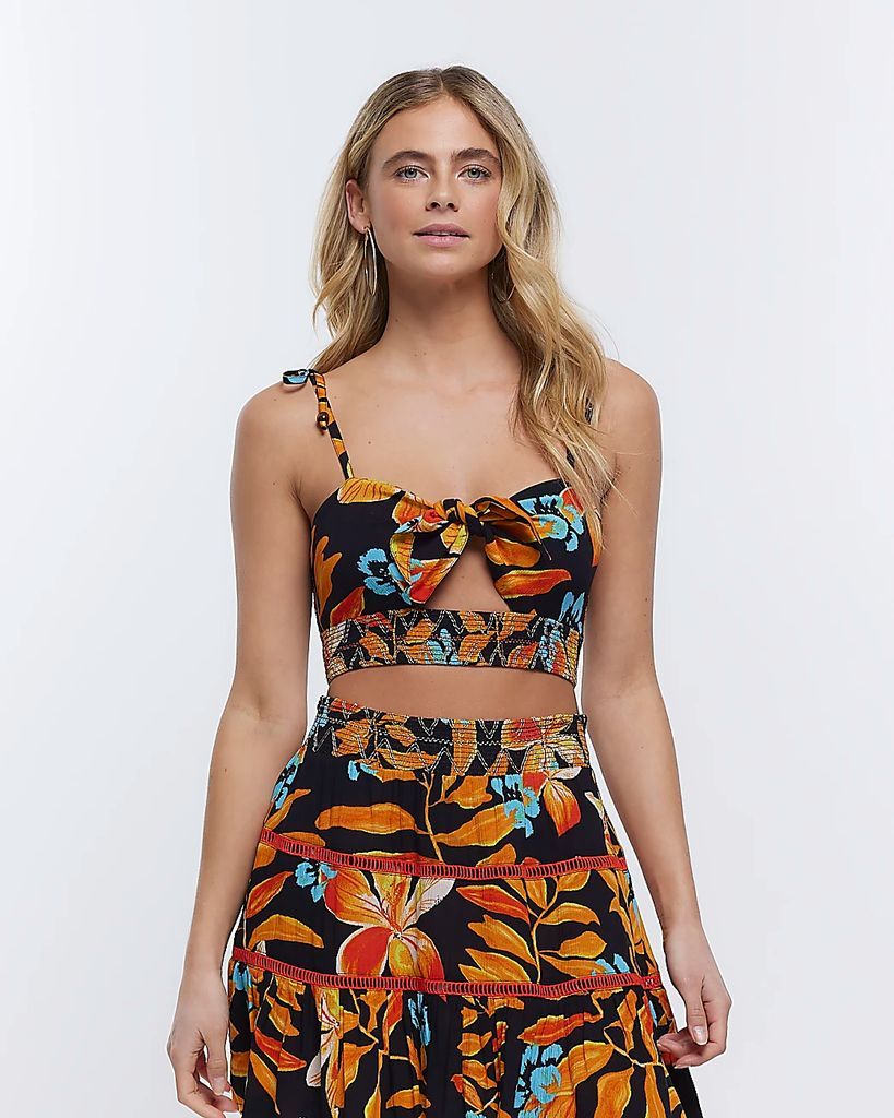 Womens Black Floral Front Knot Crop Top