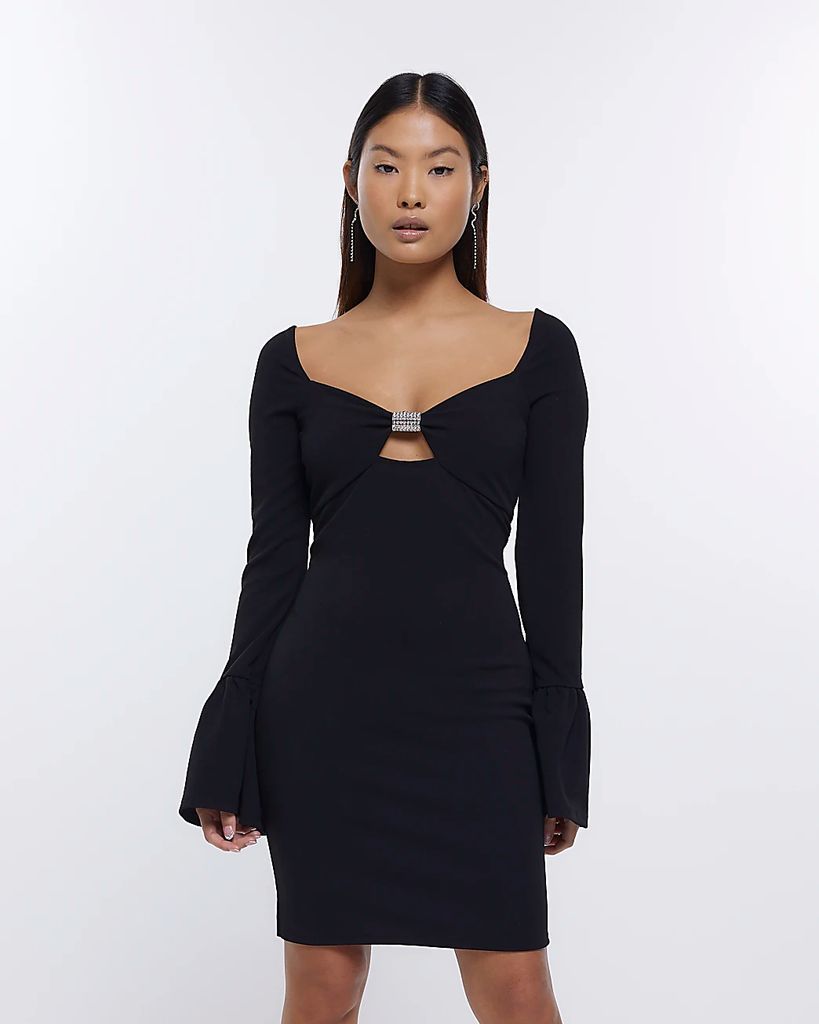Womens Petite Black Embellished Bodycon Mini Dress