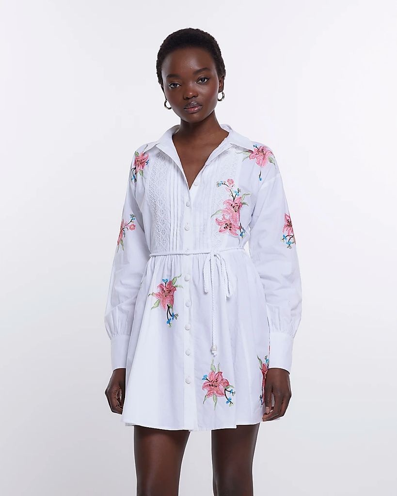 River Island Womens White Embroidered Floral Mini Shirt Dress