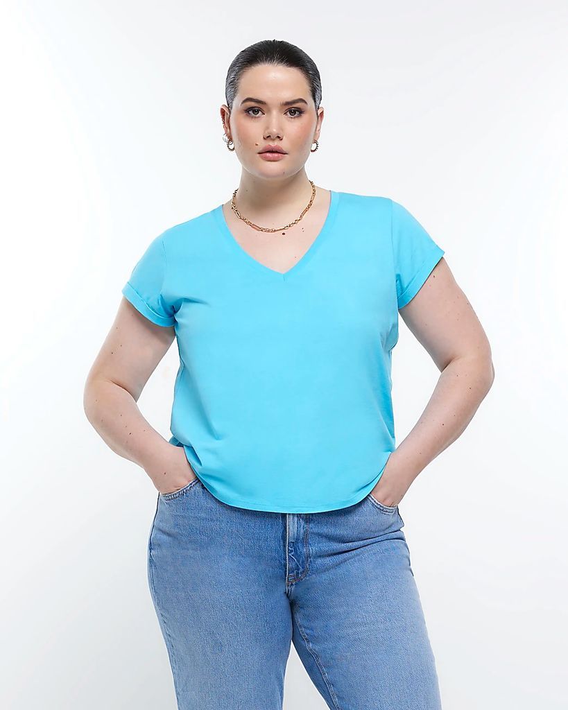 River Island Womens Plus Blue V Neck T-Shirt