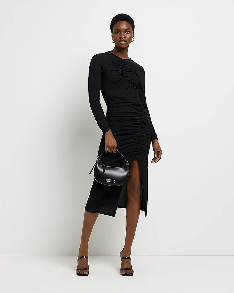 Womens Black Ruched Bodycon Midi Dress