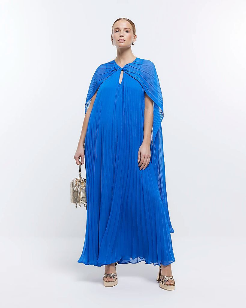 River Island Womens Blue Pleated Cape Maxi Dress