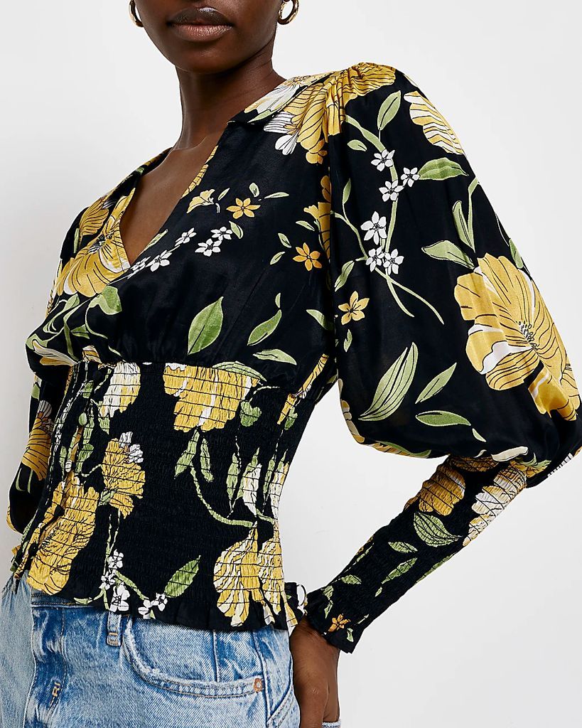 Womens Yellow Floral Shirred Blouse