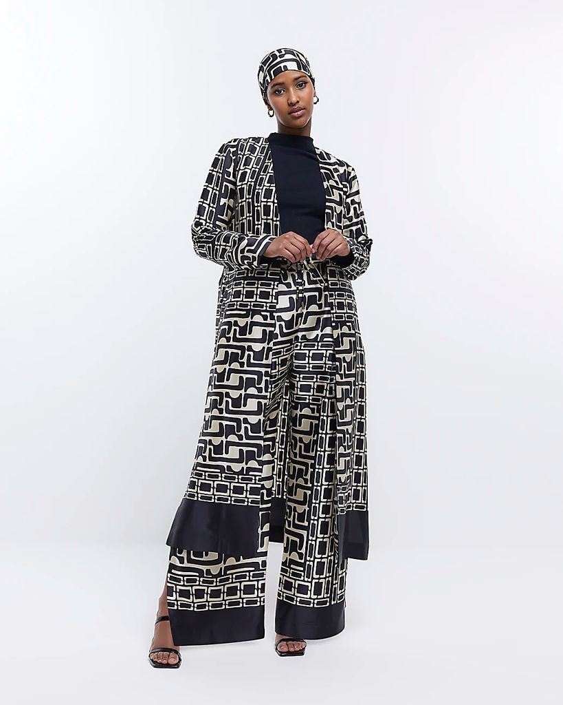 Womens Black Abstract Print Duster Jacket