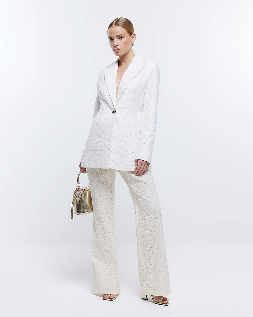 Womens Cream Lace Flared Trousers