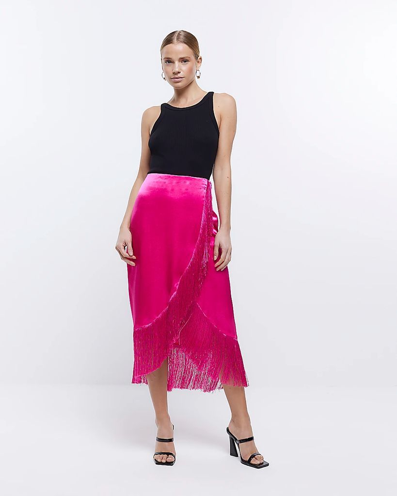 Womens Pink Fringe Wrap Midi Skirt