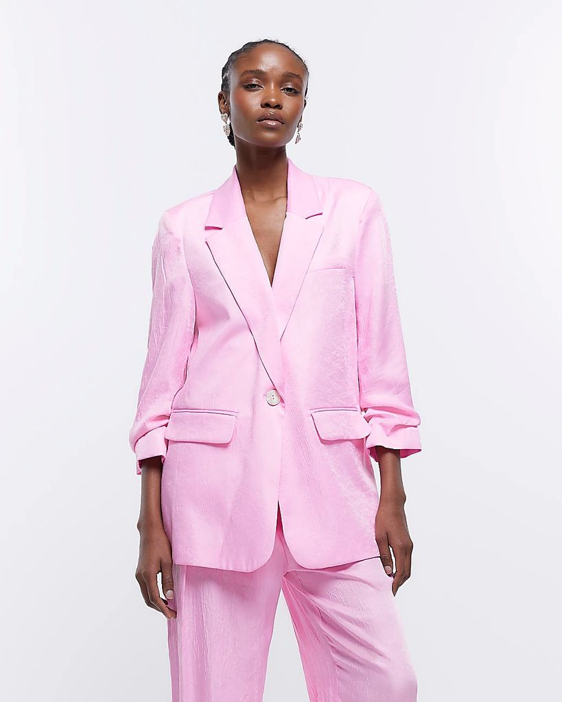 Womens Pink Ruched Sleeve Blazer